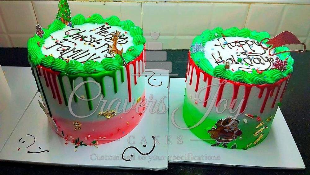 Pair of green & red Christmas drip cakes by Cravers Joy Cakes, Juja