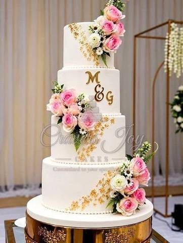 4-tier wedding cake with pink roses by Cravers Joy Cakes